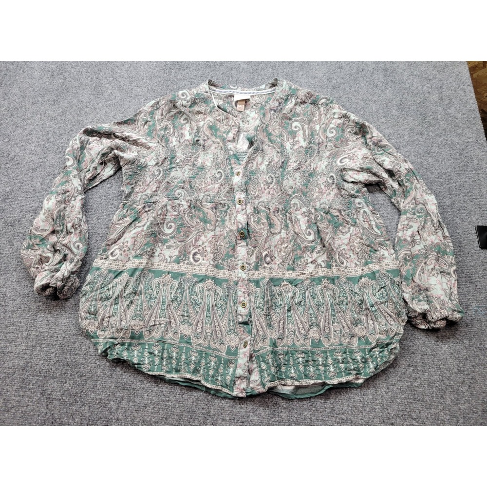 Knox Rose XXL Sage Green Paisley Smocked Button Down Long Sleeve Rayon Blouse